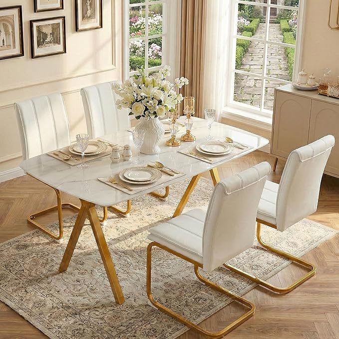 51" White Marble Dining Table, 4-6 Person Modern Kitchen Dining Room Tables with Marble Pattern Tempered Glass Top and Gold X-Shaped Metal Base, Space Saving Rectangle Dinner Table for Home