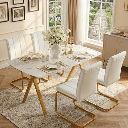 51" White Marble Dining Table, 4-6 Person Modern Kitchen Dining Room Tables with Marble Pattern Tempered Glass Top and Gold X-Shaped Metal Base, Space Saving Rectangle Dinner Table for Home