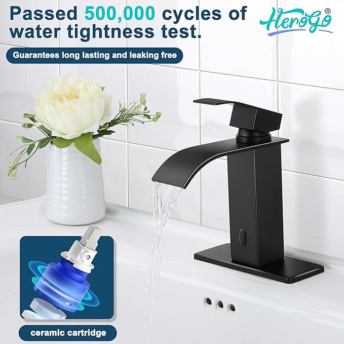 Touchless Bathroom Sink Faucet, Herogo Automatic Sensor Matte Black Waterfall Stainless Steel Bathroom Faucet with Brass Pop Up Drain for Vanity RV Lavatory Farmhouse