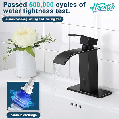 Touchless Bathroom Sink Faucet, Herogo Automatic Sensor Matte Black Waterfall Stainless Steel Bathroom Faucet with Brass Pop Up Drain for Vanity RV Lavatory Farmhouse