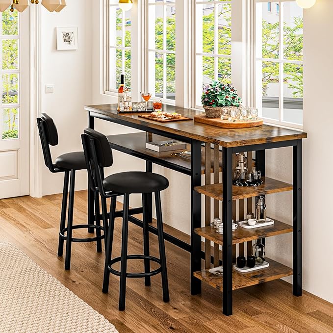 DKLGG Bar Table and Chairs Set for 2, 3-Piece Counter Height Dining Table with Stools, Hightop Kitchen Island Table with Storage Shelves for Kitchen, Bar, Pub, Bistro