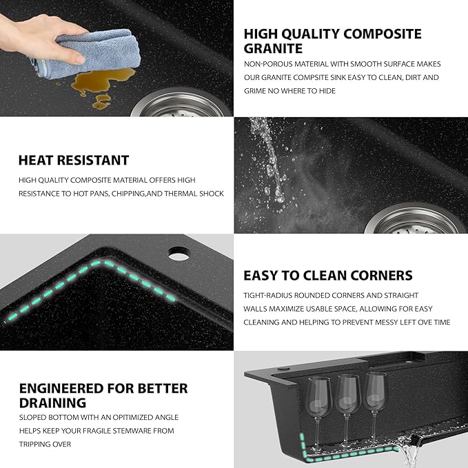 33 Inch Drop-In Kitchen Sink - Beslend 33x22 Black Granite Composite Drop In Workstation Sink Topmount Sinks with Integrated Waterfall Faucet & Glass Rinser - Non-Splash, Easy Clean