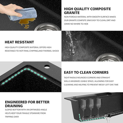 33 Inch Drop-In Kitchen Sink - Beslend 33x22 Black Granite Composite Drop In Workstation Sink Topmount Sinks with Integrated Waterfall Faucet & Glass Rinser - Non-Splash, Easy Clean