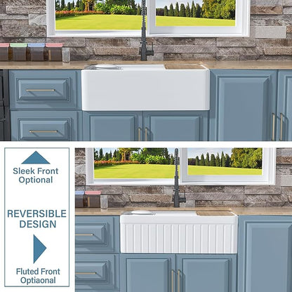 White Farmhouse Workstation Sink 33 x 20 Inch, Firecaly Apron Front Undermount Farm Sink, Single Bowl, w Accessories 4 Types, Reversible (Sleek & Fluted Optional), Pure White, for Kitchen
