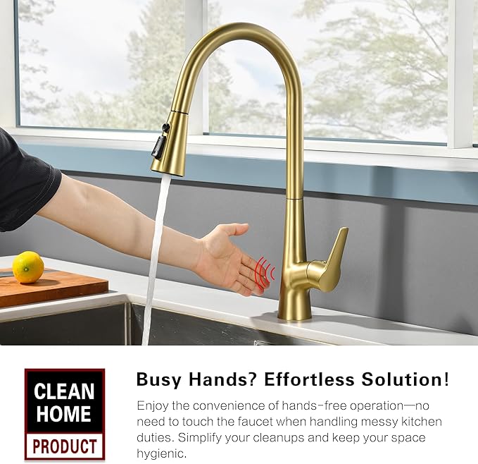 sumerain Touchless Pull Down Kitchen Faucet Brushed Gold Hands-Free Motion Sensor Kitchen Sink Faucet Single Handle