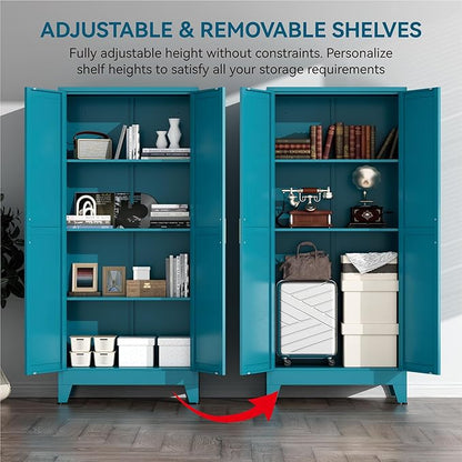 Farmhouse Pantry Cabinet with Barn Doors,61" H x 27.5" W,Metal Cabinet with Adjustable Shelves,4-Tier Storage Cabinet for Kitchen Dining Room Garage,Blue 1 Pack