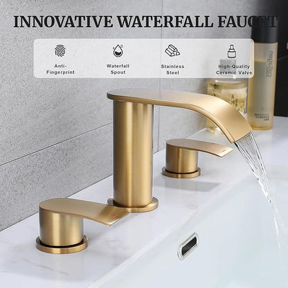 Ultimate Unicorn 8 inch Bathroom Faucet Champagne Bronze, Waterfall Bathroom Sink Faucet with Metal Pop-up Sink Drain Stopper and 2 Supply Hoses, DJS-MP-3JT-CG-PB-C