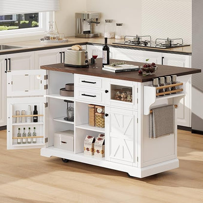 RUNNA 54.9" Kitchen Island with Drop Leaf,Power Outlet, Kitchen Storage Cart with 4 Door Shelves,Cross Barn Doors & Visual Glass Door,Rolling on 4 Wheels for Kitchen,Dining Room (White#77)