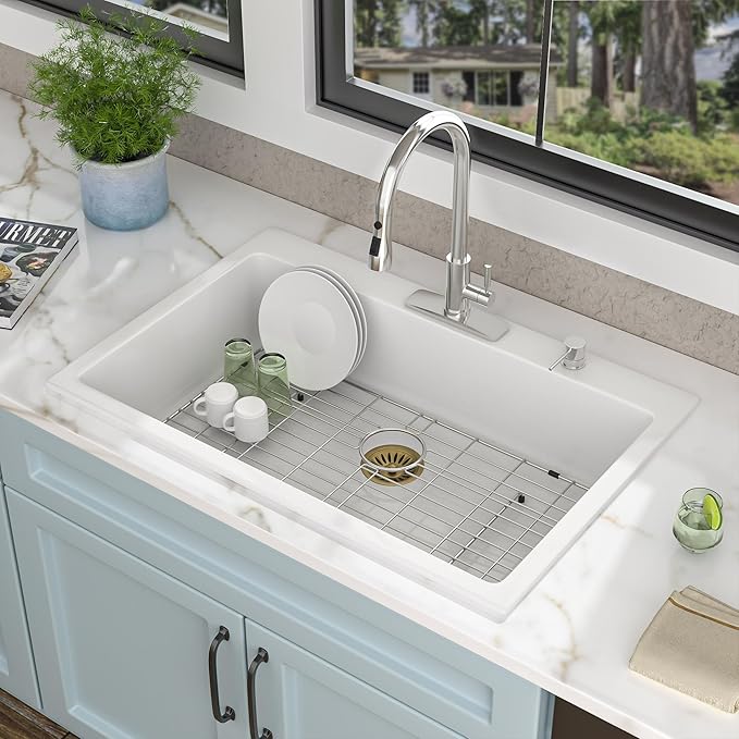 33"×22" Granite Composite Kitchen Sink - Drop-In Top Mount White Granite Quartz Classic Above Counter Single Bowl Sink Basin