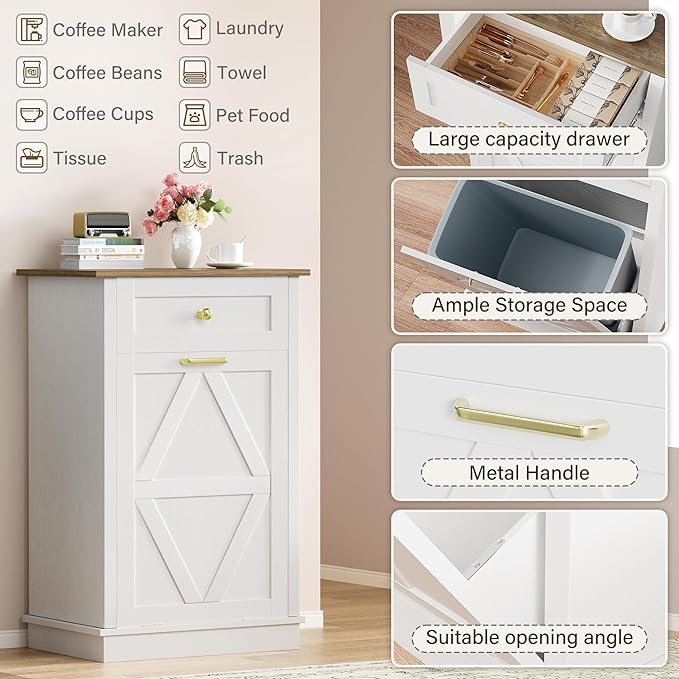 YESHOMY 10 Gallon Tilt-Out Trash Cabinet, Wooden Hidden Garbage Can Holder with Storage Drawers for Kitchen and Dining Room, White (2 Piece)