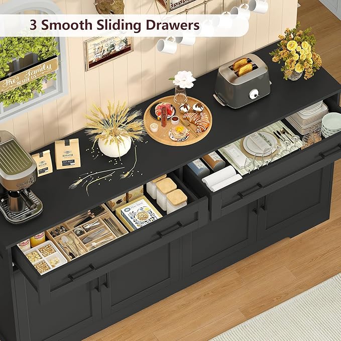 TEENFON 63” Buffet Cabinet with Storage and 2 Drawers, Large Sideboard Cabinet with Adjustable Shelves and 4 Doors, Coffee Bar, Buffet Table for Kitchen, Dining Room, Black
