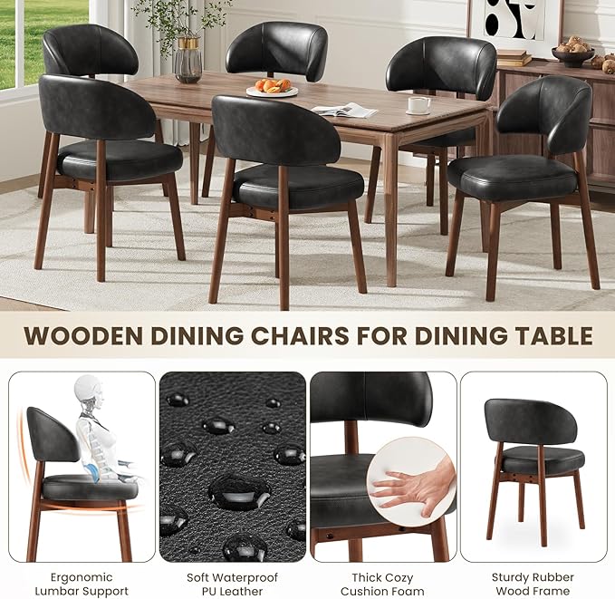 MALOL Wooden Dining Chairs Set of 4, Modern Upholstered Dining Room Chair, PU Leather Kitchen Side Chairs with Curved Open Back for Living Room/Restaurant/Cafe, Black