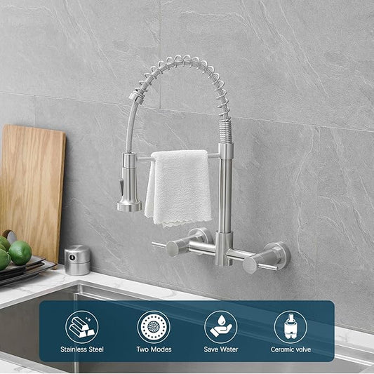 AIMADI Wall Mount Kitchen Faucets, 8-Inch Center Wall Mount Kitchen Sink Faucet with Pull-Down Sprayer,Modern Stainless Steel Design Double Lever Control