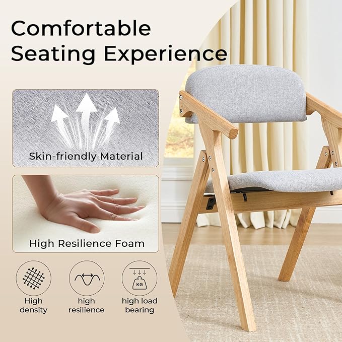 Folding Chairs with Padded Seats,Wooden Stackable Dining Chair,Easy to Store Foldable Dining Chairs for Kitchen, Living Room, Wedding Party Picnic (Grey-1)