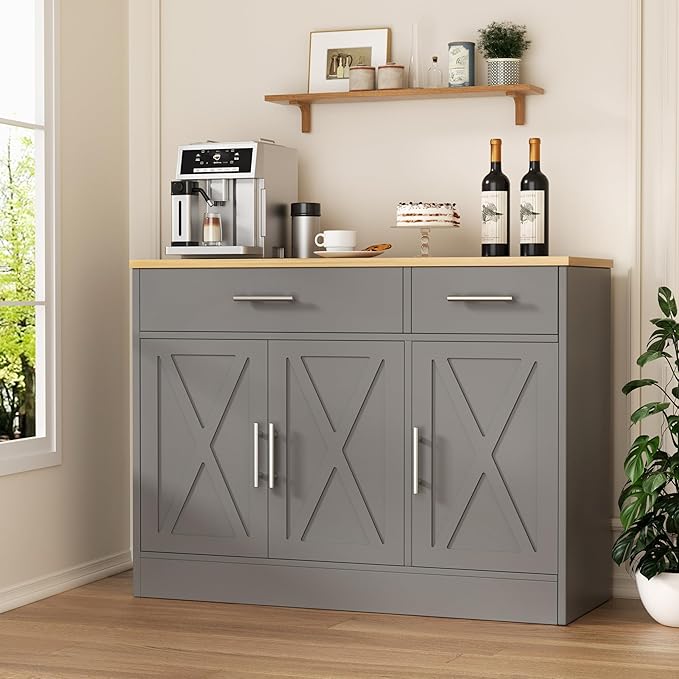 Shintenchi 3 Doors Farmhouse Sideboard Buffet Cabinet, 42" Barn Doors Buffet with Storage, Wood Coffee Bar Cabinet with Adjustable Shelf for Kitchen, Living Room,Grey