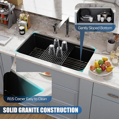 33 Black Granite Composite Kitchen Sink, Hugsleek Undermount Granite Sink Quartz 33x19 inch Workstation Ledge Under Counter Mount Single Bowl Sinks Basin With Black & Gold Sinks Accessories