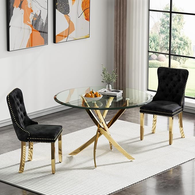 36" Glass Dining Table for 2-4, Modern Dining Room Table with 0.39" Tempered Glass Top and Cross X-Shaped Gold Stainless Steel Base, Round Kitchen Dinner Table for Dining Room