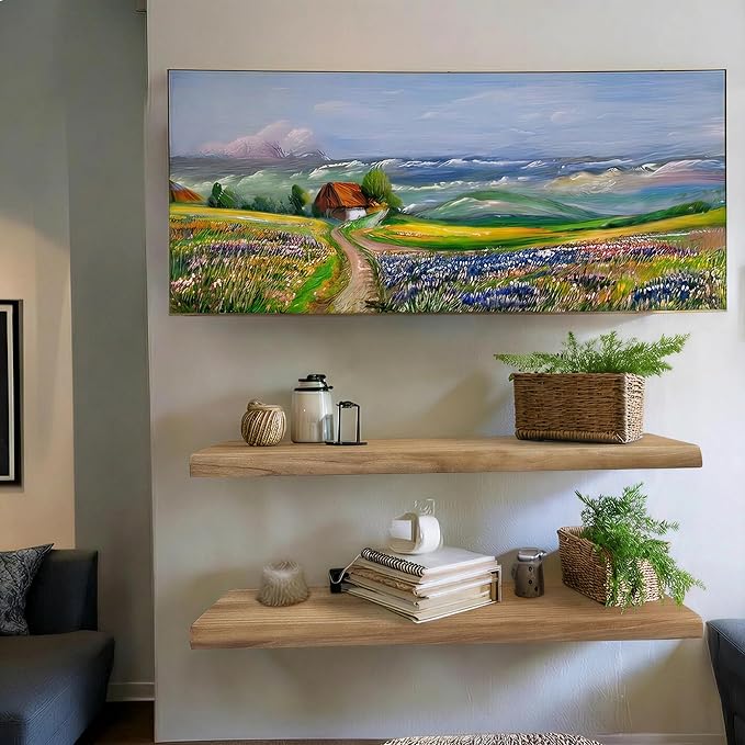 PERFNIQUE 36 Inch Floating Shelves Set of 2, Solid Elm Wood Rustic Live Edge Wall Decor Shelves - Invisible Bracket Mount for Living Room, Kitchen, Bathroom, Natural.