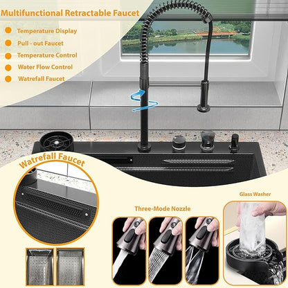 33x22 inch Waterfall Kitchen Sink Metal Black -Feibus 33inch Drop In Sink with Faucet Combo Double Step Workstation16 Gauge Multifunctional Stainless Steel Single Bowl