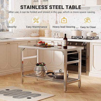 Stainless Steel Folding Table 24 x 60 Inch, Commercial Worktables Workstations, Heavy Duty Kitchen Island with Undershelf for Restaurant Kitchens Laundry, Silver