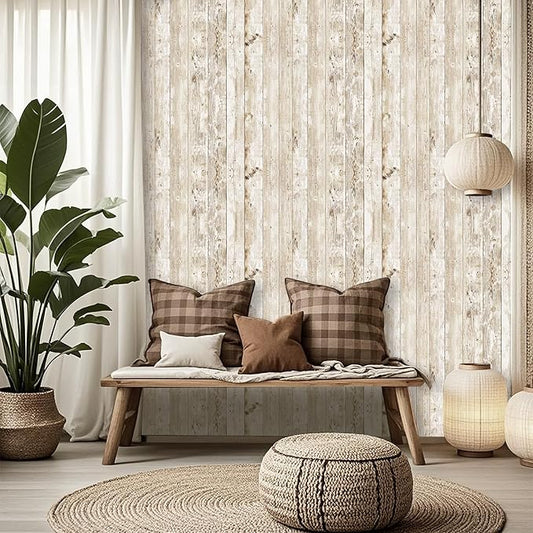 Decoroom Wood Wallpaper Peel and Stick, Shiplap Self Adhesive Contact Paper for Cabinets and Drawers, Removable Wood Grain Wall Paper Easy to Clean 17.7"×394"