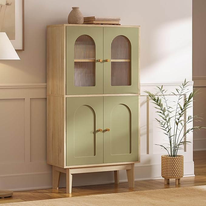 LIKIMIO Bathroom Storage Cabinet, Wooden Floor Cabinet with 4 Doors, 2 Adjustable Shelves & Solid Wood Legs, Freestanding Storage Unit for Bathroom, Kitchen, or Dining Room