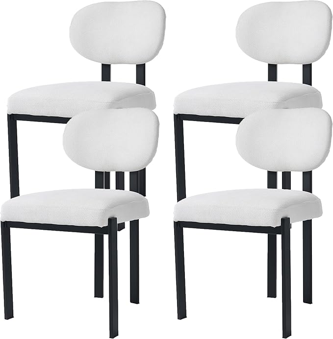 Set of 4 Modern Boucle Dining Chairs, Mid-Century Upholstered Chairs with Black Metal Legs, Ideal for Dining Room, Kitchen Island, Living Room, Bedroom, Home Office, Beige