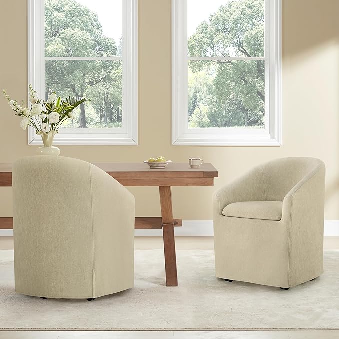 KISLOT Upholstered Dining Chairs with Casters, Washable Cover Modern Dining Room Chairs with Barrel Backrest & Dual Armrest for Kitchen, Living Room, Bedroom, Sand Fabric, 2PCS