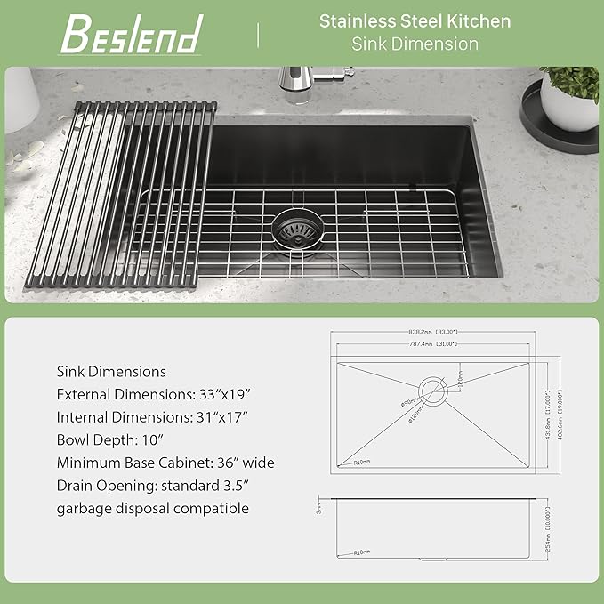 33 Inch Black Undermount Kitchen Sink - Beslend Gunmetal Black NANO-PVD Sinks Stainless Steel Under Counter Kitchen Sink 16 Gauge Single Bowl Round Corner Basin 33x19x10