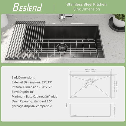 33 Inch Black Undermount Kitchen Sink - Beslend Gunmetal Black NANO-PVD Sinks Stainless Steel Under Counter Kitchen Sink 16 Gauge Single Bowl Round Corner Basin 33x19x10