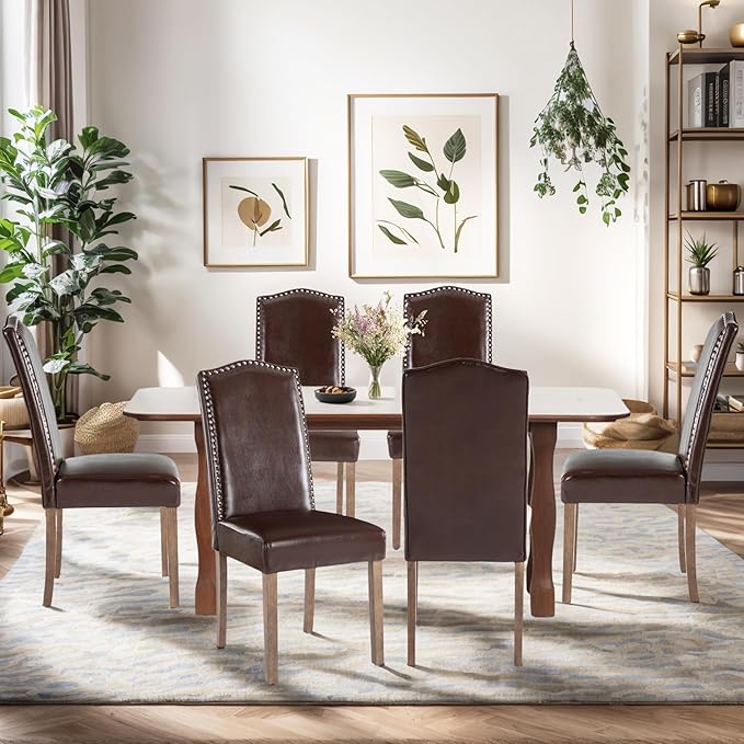 Upholstered Dining Chair Modern Stylish Parsons Kitchen Diner High Back with Silver Nailhead Trim & Wood Legs, Set of 6, PU Leather Dark Brown