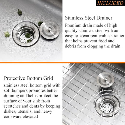 31 Inch Undermount Kitchen Sink Stainless Steel-Bokaiya 31x18 Stainless Steel Kitchen Sink Single Bowl 16 Gauge Large Corner Under Mount Sinks with Dish Grid