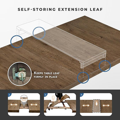 Lexicon 84-102 Inch Extendable Dining Table for 4-8 People, Large Rectangle Wooden Kitchen Table with Self-Storing Extension Leaf Space Saving, for Dining Room, Living Room, Home Office, Brown