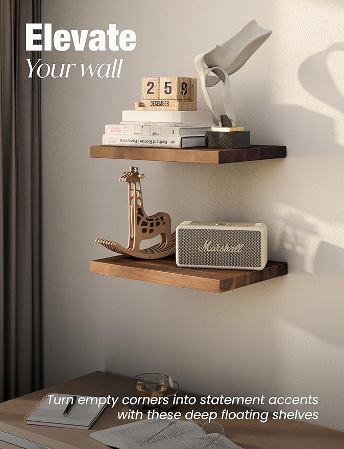 BATODA 16” x 12” Deep Floating Shelves, Acacia Wooden Floating Shelves for Wall - Corner Shelf Floating, Wall Decor Living Room for Home - Floating Book Shelves with Mounting Hardware (Walnut Color)