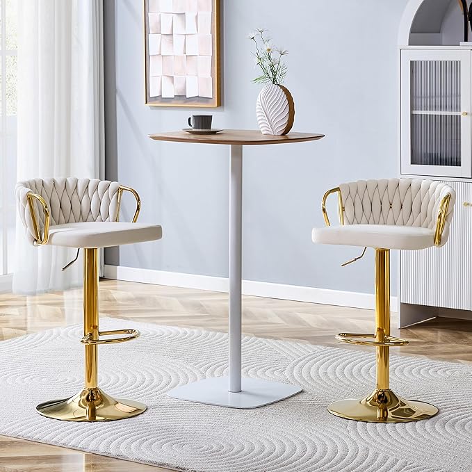 Velvet Bar Stools Set of 2, Woven Height Adjustable Swivel Barstools, Hydraulic Kitchen Counter Height Bar Chairs with Armrest and Back for Kitchen, Dining Room