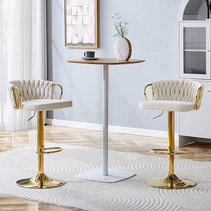 Velvet Bar Stools Set of 2, Woven Height Adjustable Swivel Barstools, Hydraulic Kitchen Counter Height Bar Chairs with Armrest and Back for Kitchen, Dining Room