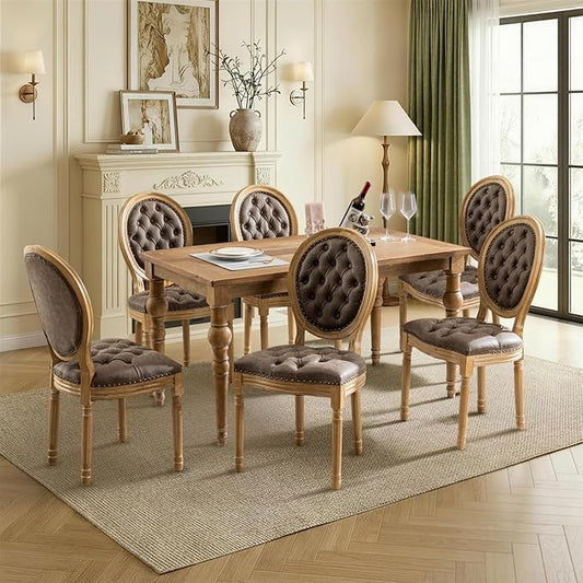 SoarFlash French Dining Chairs Set of 6, Vantage Dining Chair with Round Back, Farmhouse Country PU Leather Dining Chair for Kitchen,Bedroom,Brown