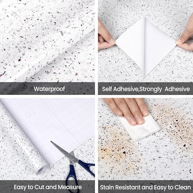 Decoroom Marble Contact Paper for countertops, Self Adhesive Waterproof White Granite Marble Wallpaper, Peel and Stick Countertops for Cabinets Kitchen Bathroom Vinyl Film 17.7 in X 196 in