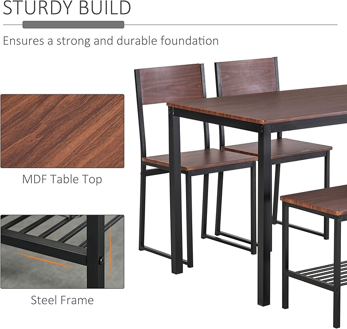 HOMCOM Industrial 4 Piece Dining Room Table Set with Bench Wooden Kitchen Table and Chairs w/Storage Rack for Kitchen, Dinette, Black/Brown