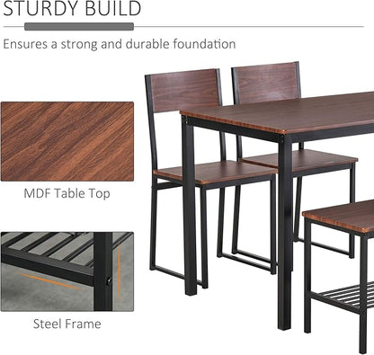 HOMCOM Industrial 4 Piece Dining Room Table Set with Bench Wooden Kitchen Table and Chairs w/Storage Rack for Kitchen, Dinette, Black/Brown