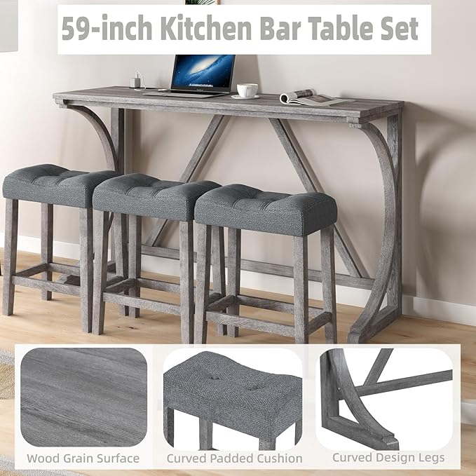 59 inch Bar Table and Chairs Set with Power Outlet,Industrial Counter Height Bar Table with 3 Padded Stools, 4 Pieces Space Saving Breakfast Table Set for Kitchen Dining Room,Grey