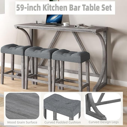 59 inch Bar Table and Chairs Set with Power Outlet,Industrial Counter Height Bar Table with 3 Padded Stools, 4 Pieces Space Saving Breakfast Table Set for Kitchen Dining Room,Grey