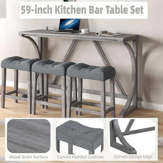 59 inch Bar Table and Chairs Set with Power Outlet,Industrial Counter Height Bar Table with 3 Padded Stools, 4 Pieces Space Saving Breakfast Table Set for Kitchen Dining Room,Grey