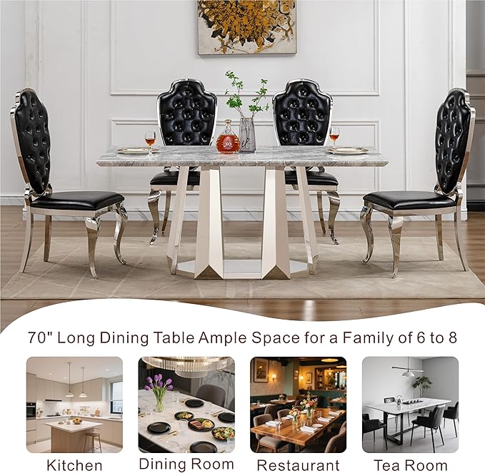 70" Marble Dining Table for 6-8, Modern Luxury Silver Rectangular Large Kitchen Table, Marble Grain MDF Tabletop & Stainless Steel Base, Dinner Furniture for Kitchen Dining Room, Meeting Room, Grey