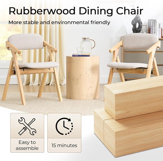 Folding Chairs with Padded Seats,Wooden Stackable Dining Chair,Easy to Store Foldable Dining Chairs for Kitchen, Living Room, Wedding Party Picnic (Beige)