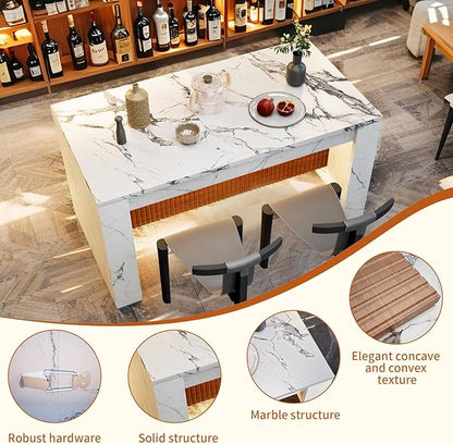 63" Modern Imitation Marble Stripes Kitchen Dining Table, Island Table with Grille Design and LED Lights for 4-6 People, Large Imitation Marble Dining Table for Home Kitchen Living Room.