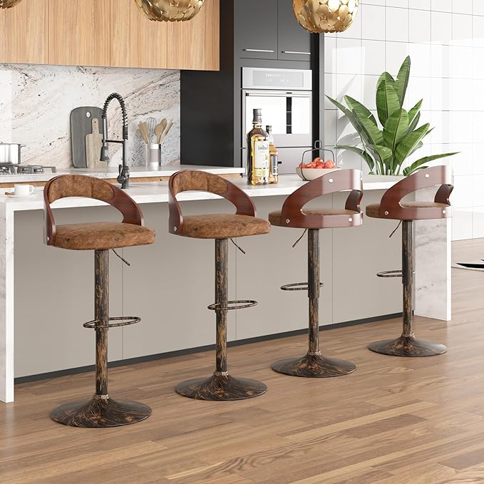 VECELO Bar Stools Set of 2,Adjustable Counter Height Stools with Bentwood Back,Armrest&Footrest,Swivel PU Leather Bar Chairs for Kitchen Island,Coffee Shop and Salon,Crescent Curve, Rustic Brown