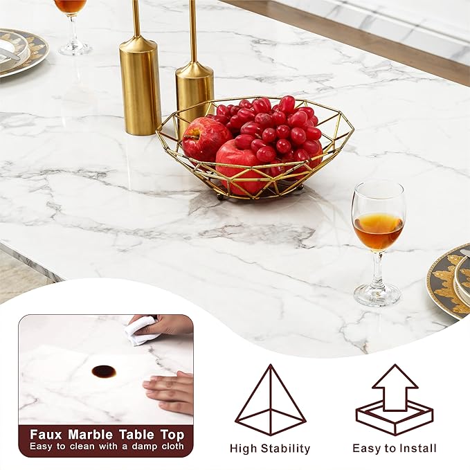 70" Marble Dining Table for 6-8, Modern Luxury Silver Rectangular Large Kitchen Table, Marble Grain MDF Tabletop & Stainless Steel Base, Dinner Furniture for Kitchen Dining Room, Meeting Room, White