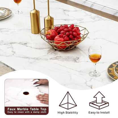 70" Marble Dining Table for 6-8, Modern Luxury Silver Rectangular Large Kitchen Table, Marble Grain MDF Tabletop & Stainless Steel Base, Dinner Furniture for Kitchen Dining Room, Meeting Room, White