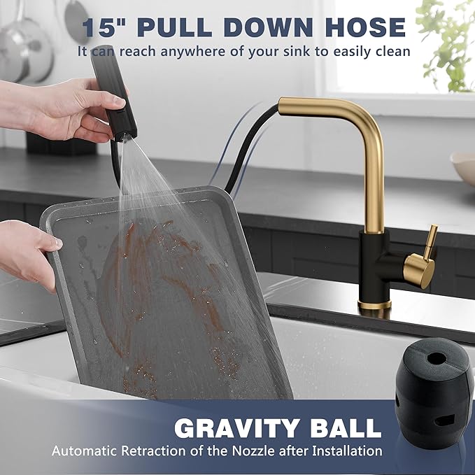 GIMILI Black and Gold Kitchen Faucet with Pull Down Sprayer, Waterfall 15“ High Single Handle Kitchen Sink Faucets